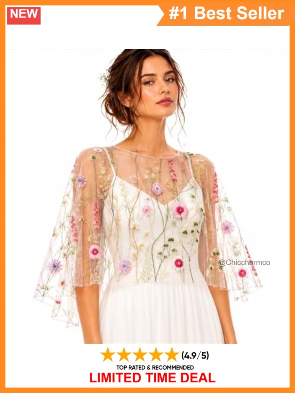 Embroidered Tulle Floral Capelet Sheer Bridal Overlay One Size